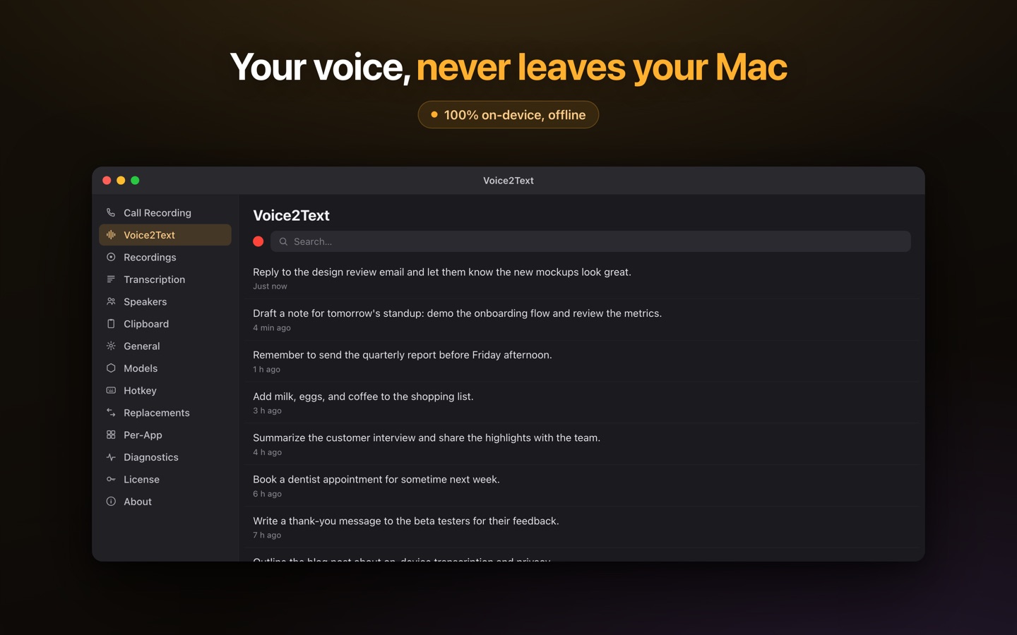 Lesskeys voice to text on macOS — 100% on-device, recordings never leave the Mac