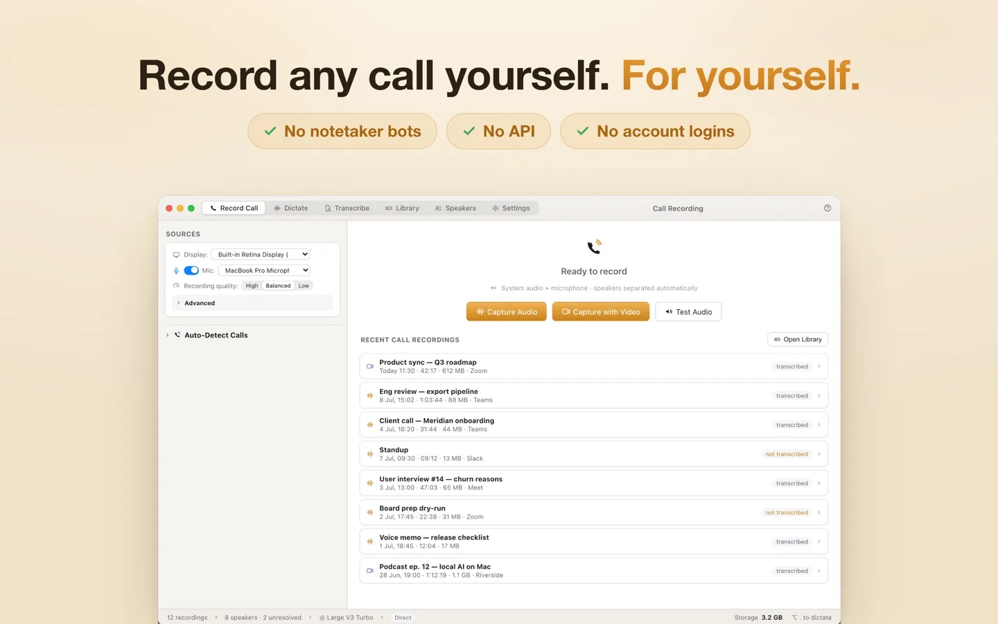 Lesskeys Record Call window on a Mac, ready to capture system audio and microphone, with a list of recent call recordings