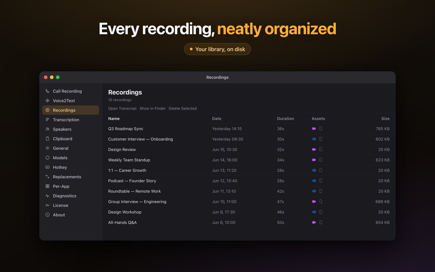 Lesskeys recordings library on macOS listing lectures and study recordings with transcripts, stored locally